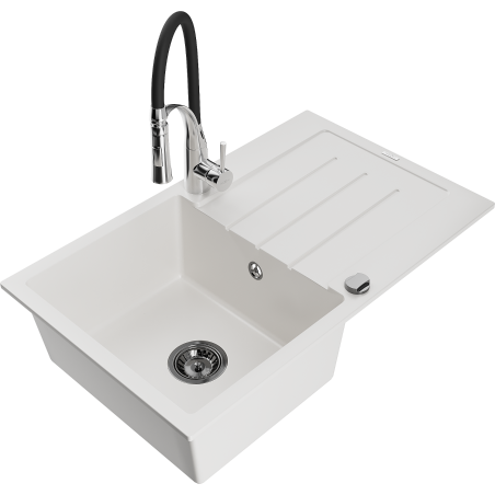 Mexen Bruno Granitspüle 1-Becken mit Abtropffläche und Küchenarmatur Aster, weiß - 6513-20-73450-07-B