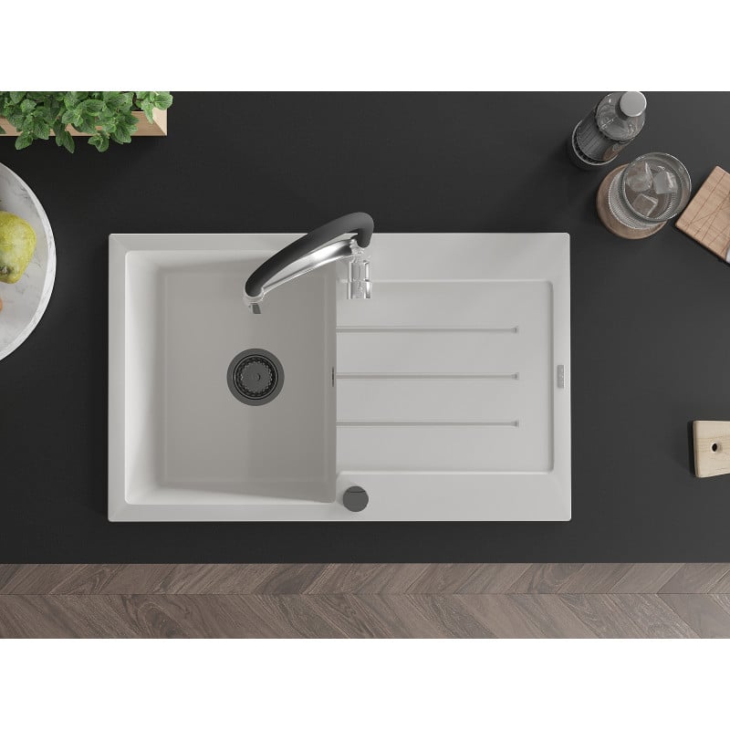 Mexen Bruno Granitspüle 1-Becken mit Abtropffläche und Küchenarmatur Aster, weiß - 6513-20-73450-07-B