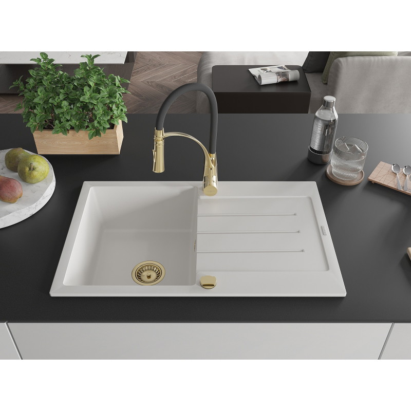 Mexen Bruno Granitspüle 1-Becken mit Abtropffläche und Küchenarmatur Aster, weiß - 6513-20-73450-57-G