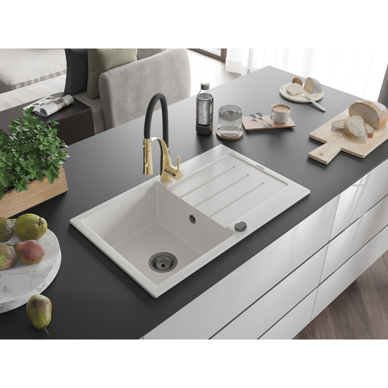 Mexen Bruno Granitspüle 1-Becken mit Abtropffläche und Küchenarmatur Aster, weiß - 6513-20-73450-57-B