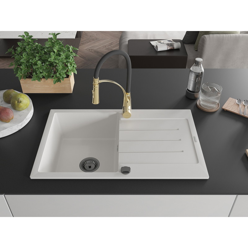 Mexen Bruno Granitspüle 1-Becken mit Abtropffläche und Küchenarmatur Aster, weiß - 6513-20-73450-57-B