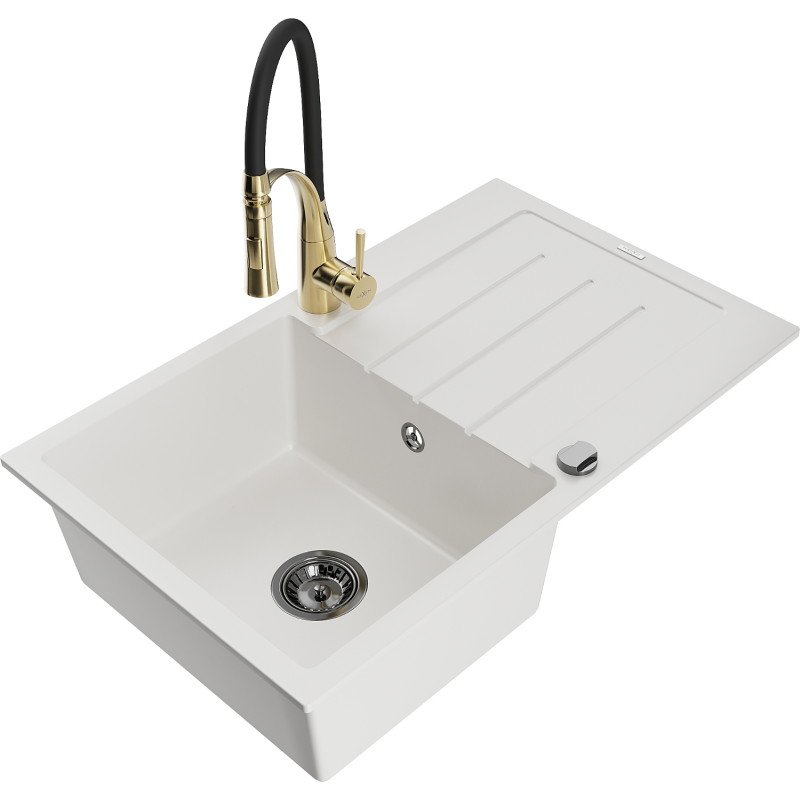 Mexen Bruno Granitspüle 1-Becken mit Abtropffläche und Küchenarmatur Aster, weiß - 6513-20-73450-57-B