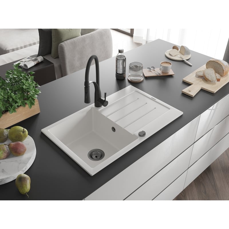 Mexen Bruno Granitspüle 1-Becken mit Abtropffläche und Küchenarmatur Aster, weiß - 6513-20-73450-70-B