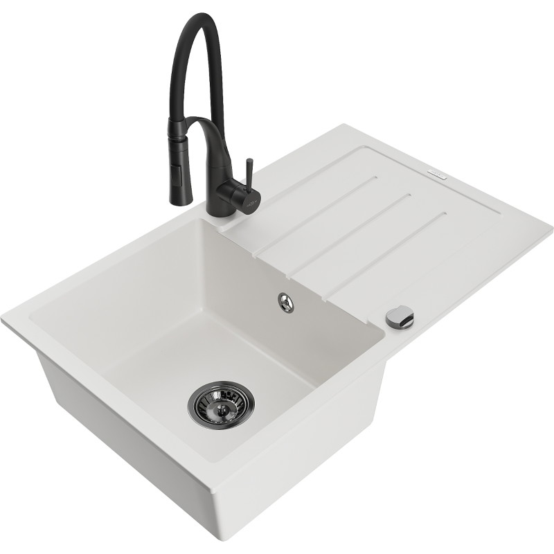 Mexen Bruno Granitspüle 1-Becken mit Abtropffläche und Küchenarmatur Aster, weiß - 6513-20-73450-70-B