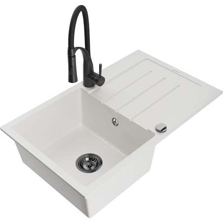 Mexen Bruno Granitspüle 1-Becken mit Abtropffläche und Küchenarmatur Aster, weiß - 6513-20-73450-70-B