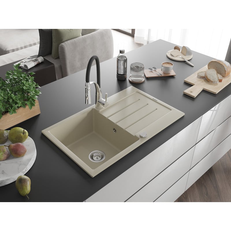 Mexen Bruno Granitspüle 1-beckig mit Abtropffläche und Küchenarmatur Aster, beige - 6513-69-73450-07