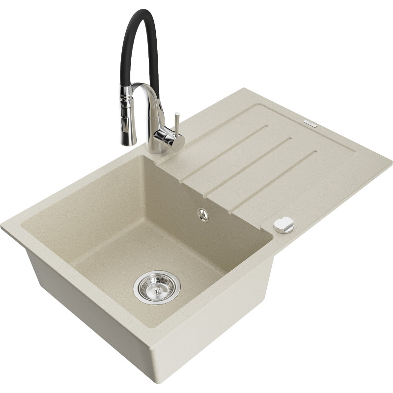 Mexen Bruno Granitspüle 1-Becken mit Abtropffläche und Küchenarmatur Aster, beige - 6513-69-73450-07