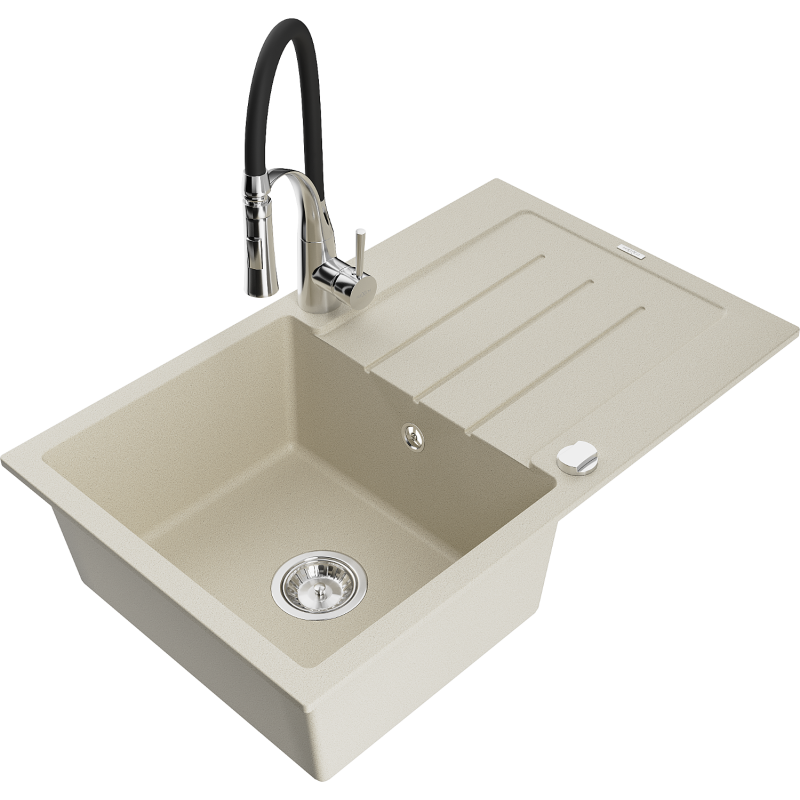 Mexen Bruno Granitspüle 1-beckig mit Abtropffläche und Küchenarmatur Aster, beige - 6513-69-73450-07