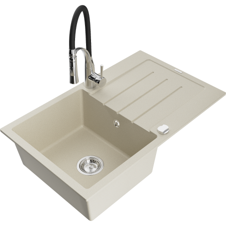 Mexen Bruno Granitspüle 1-beckig mit Abtropffläche und Küchenarmatur Aster, beige - 6513-69-73450-07