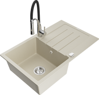Mexen Bruno Granitspüle 1-beckig mit Abtropffläche und Küchenarmatur Aster, beige - 6513-69-73450-07