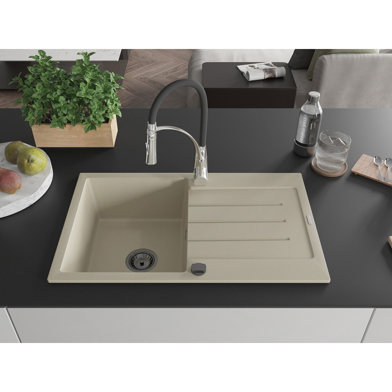 Mexen Bruno Granitspüle 1-beckig mit Abtropffläche und Küchenarmatur Aster, beige - 6513-69-73450-07-B