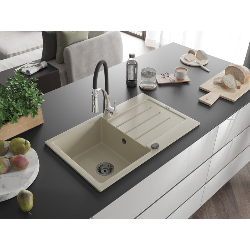 Mexen Bruno Granitspüle 1-Becken mit Abtropffläche und Küchenarmatur Aster, beige - 6513-69-73450-07-B