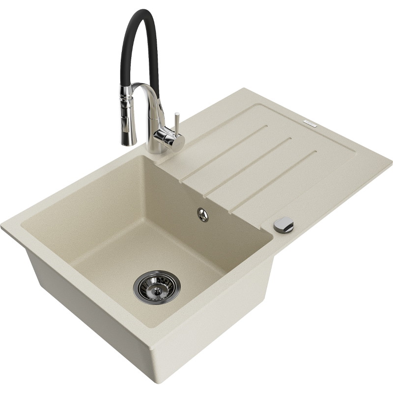 Mexen Bruno Granitspüle 1-beckig mit Abtropffläche und Küchenarmatur Aster, beige - 6513-69-73450-07-B