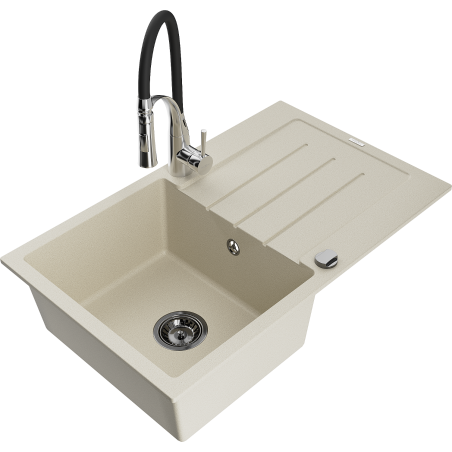 Mexen Bruno Granitspüle 1-Becken mit Abtropffläche und Küchenarmatur Aster, beige - 6513-69-73450-07-B