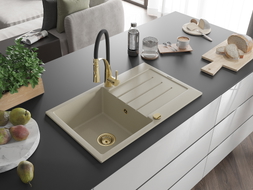 Mexen Bruno Einbauspüle aus Granit 1-beckig mit Abtropffläche und Küchenarmatur Aster, beige - 6513-69-73450-57-G