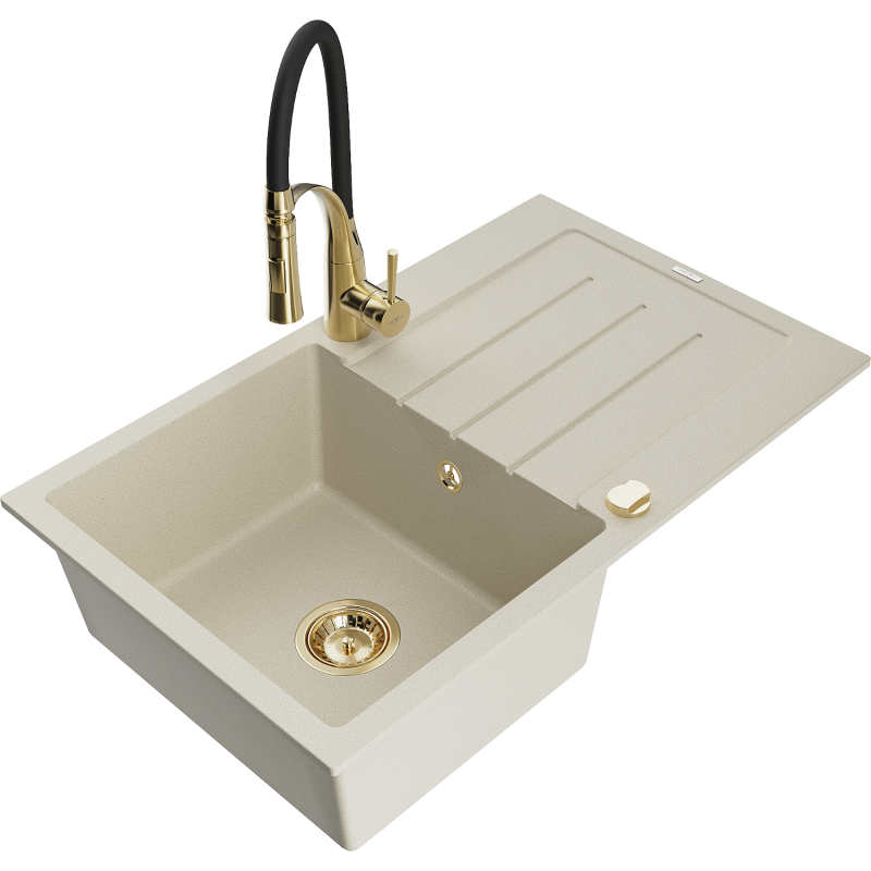 Mexen Bruno Einbauspüle aus Granit 1-beckig mit Abtropffläche und Küchenarmatur Aster, beige - 6513-69-73450-57-G