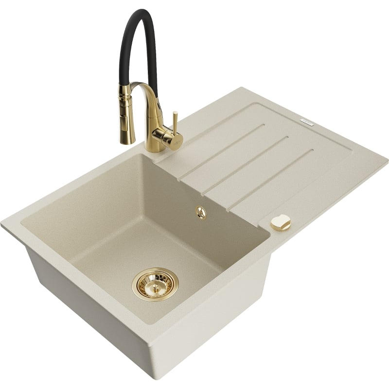 Mexen Bruno Granitspüle 1-Becken mit Abtropffläche und Küchenarmatur Aster, beige - 6513-69-73450-57-G