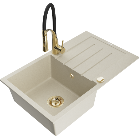 Mexen Bruno Granitspüle 1-Becken mit Abtropffläche und Küchenarmatur Aster, beige - 6513-69-73450-57-G