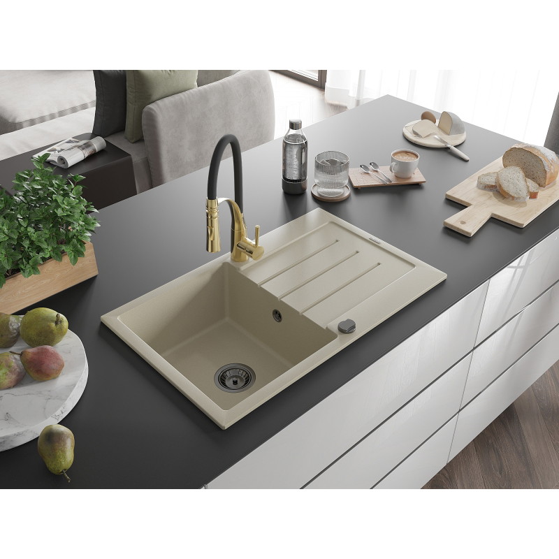 Mexen Bruno Granitspüle 1-Becken mit Abtropffläche und Küchenarmatur Aster, beige - 6513-69-73450-57-B
