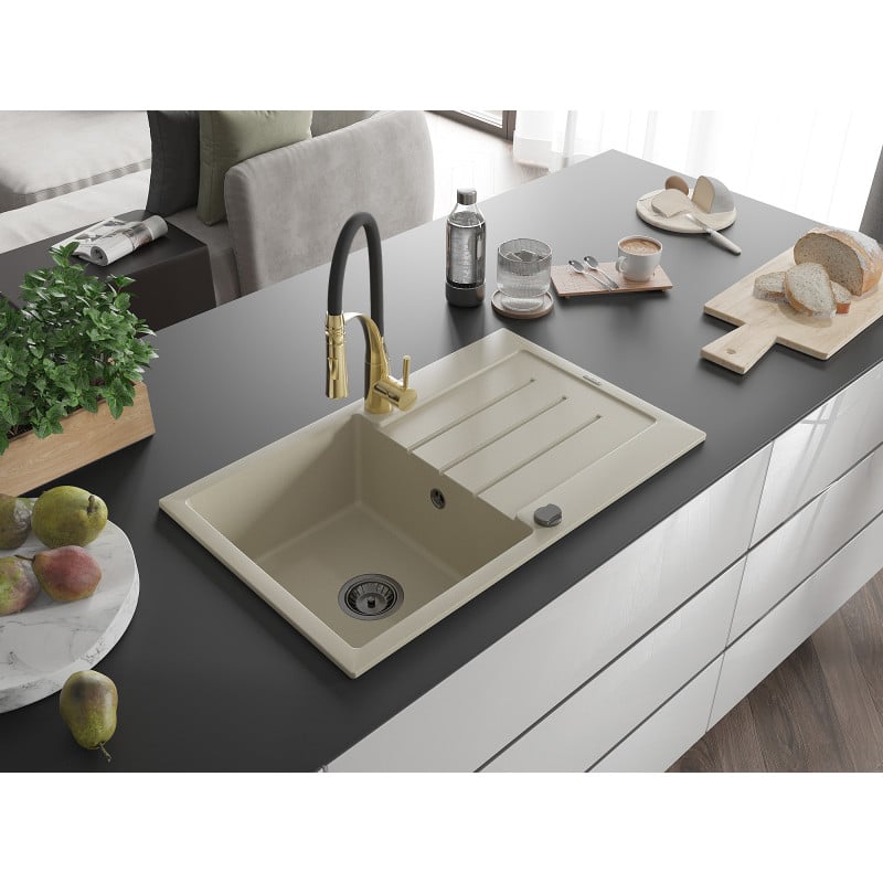 Mexen Bruno Granitspüle 1-beckig mit Abtropffläche und Küchenarmatur Aster, beige - 6513-69-73450-57-B