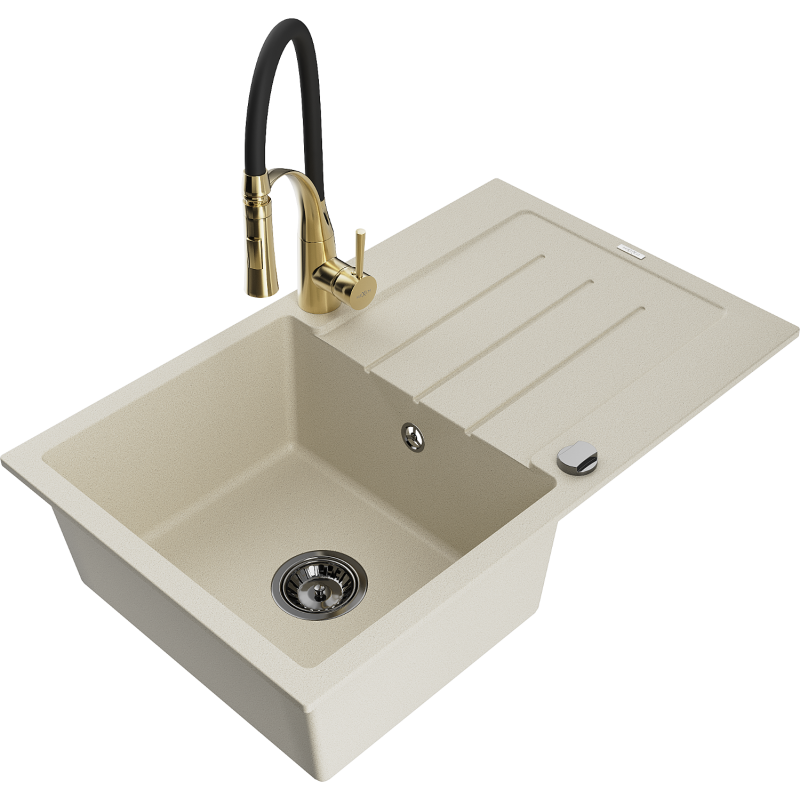 Mexen Bruno Granitspüle 1-beckig mit Abtropffläche und Küchenarmatur Aster, beige - 6513-69-73450-57-B