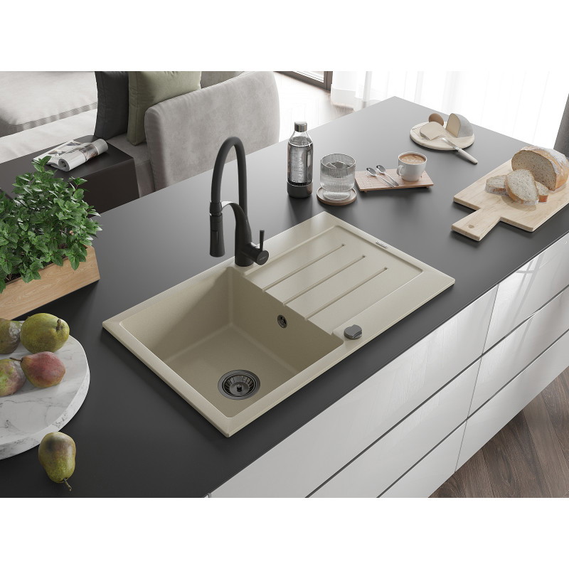 Mexen Bruno Granitspüle 1-beckig mit Abtropffläche und Küchenarmatur Aster, beige - 6513-69-73450-70-B
