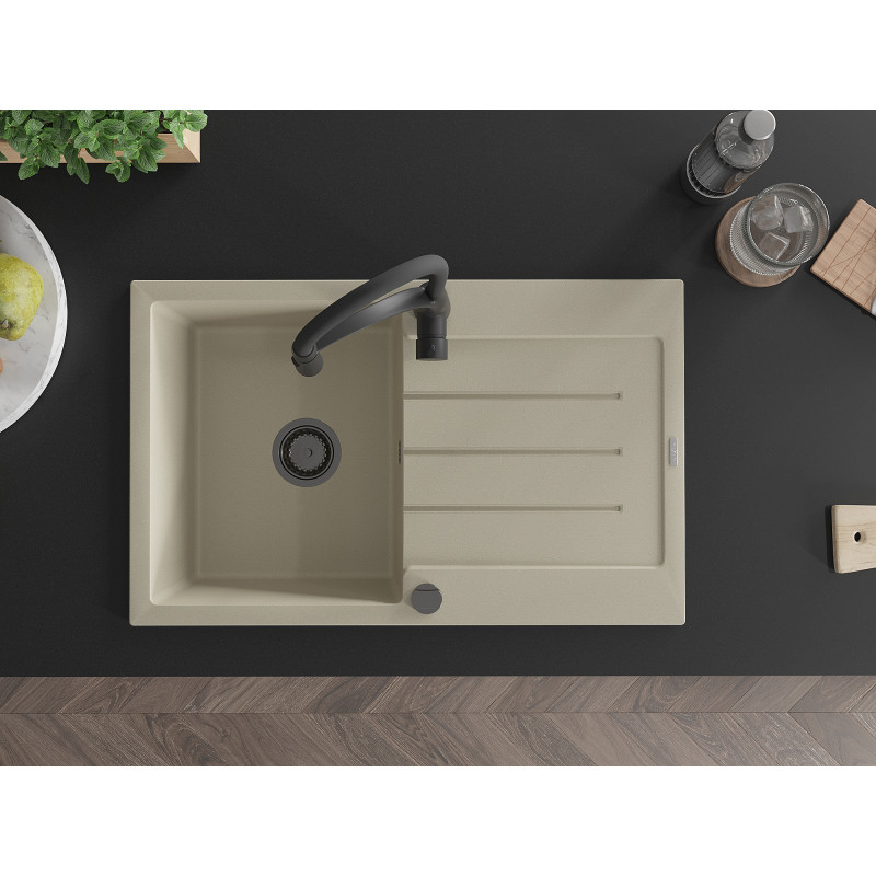 Mexen Bruno Granitspüle 1-beckig mit Abtropffläche und Küchenarmatur Aster, beige - 6513-69-73450-70-B
