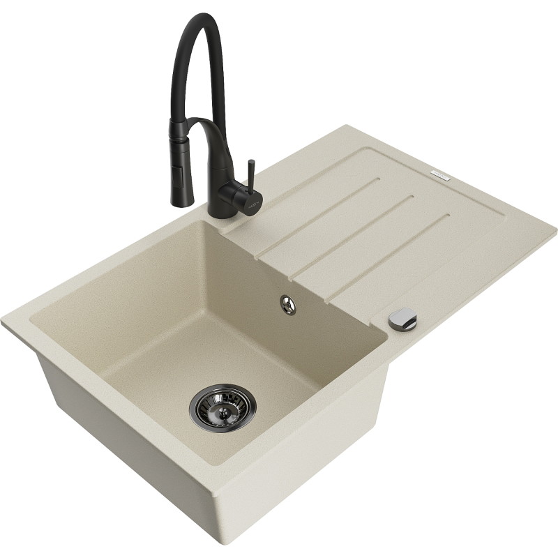 Mexen Bruno Granitspüle 1-Becken mit Abtropffläche und Küchenarmatur Aster, beige - 6513-69-73450-70-B