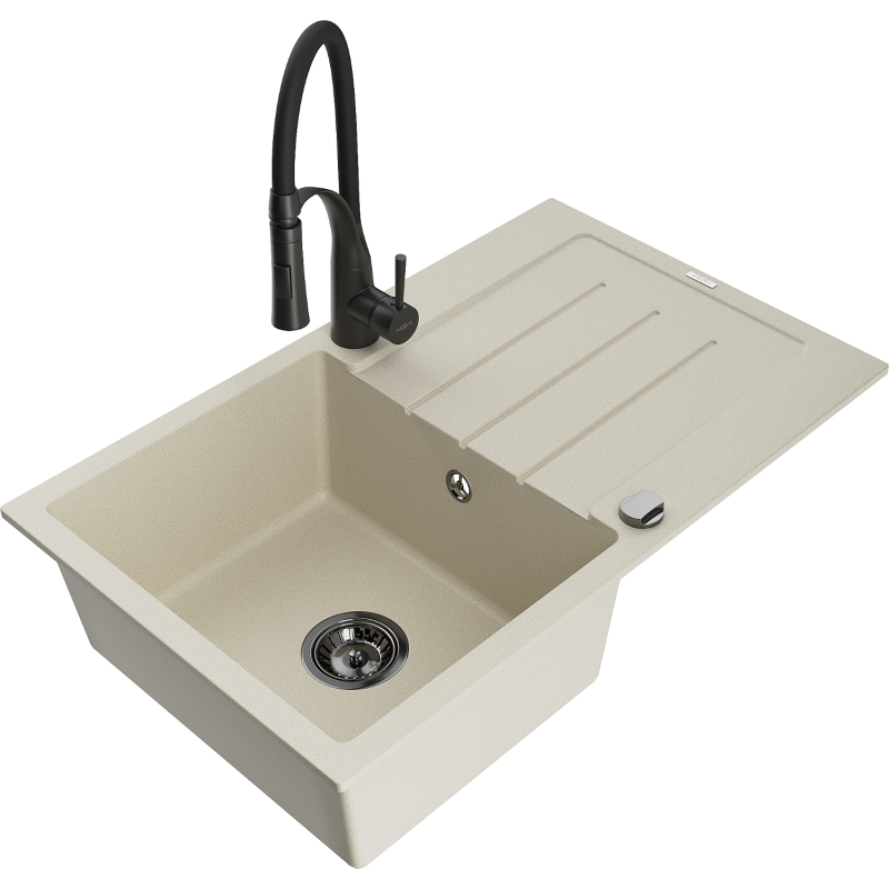 Mexen Bruno Granitspüle 1-beckig mit Abtropffläche und Küchenarmatur Aster, beige - 6513-69-73450-70-B