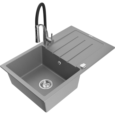 Mexen Bruno Granitspüle 1-Becken mit Abtropffläche und Küchenarmatur Aster, grau - 6513-71-73450-07