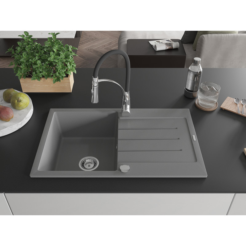 Mexen Bruno Granitspüle 1-Becken mit Abtropffläche und Küchenarmatur Aster, grau - 6513-71-73450-07