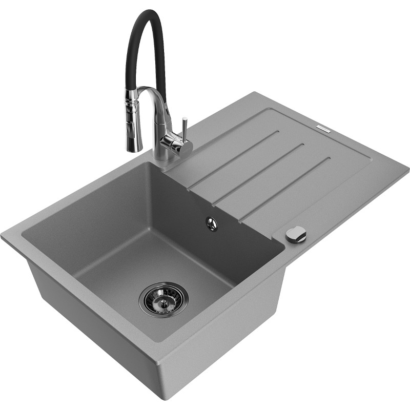 Mexen Bruno granitspüle 1-becken mit abtropffläche und küchenarmatur Aster, grau - 6513-71-73450-07-B
