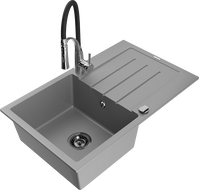 Mexen Bruno granitspüle 1-becken mit abtropffläche und küchenarmatur Aster, grau - 6513-71-73450-07-B