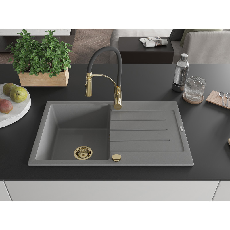 Mexen Bruno Granitspüle 1-Becken mit Abtropffläche und Küchenarmatur Aster, grau - 6513-71-73450-57-G