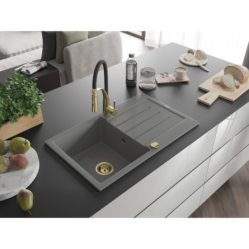 Mexen Bruno Granitspüle 1-Becken mit Abtropffläche und Küchenarmatur Aster, grau - 6513-71-73450-57-G
