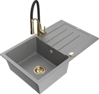 Mexen Bruno Granitspüle 1-Becken mit Abtropffläche und Küchenarmatur Aster, grau - 6513-71-73450-57-G