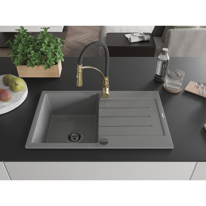 Mexen Bruno 1-beckiges Granitspülbecken mit Abtropffläche und Küchenarmatur Aster, grau - 6513-71-73450-57-B