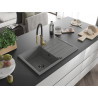 Mexen Bruno 1-beckiges Granitspülbecken mit Abtropffläche und Küchenarmatur Aster, grau - 6513-71-73450-57-B