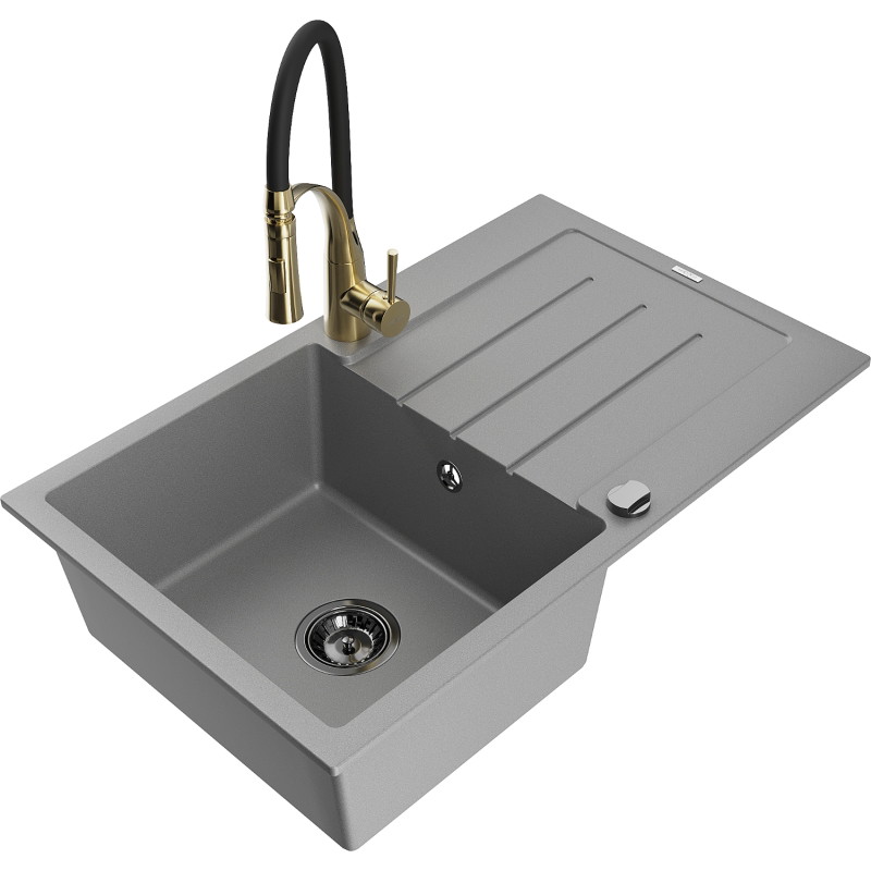 Mexen Bruno Granitspüle 1-Becken mit Abtropffläche und Küchenarmatur Aster, grau - 6513-71-73450-57-B