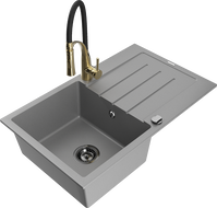Mexen Bruno Granitspüle 1-Becken mit Abtropffläche und Küchenarmatur Aster, grau - 6513-71-73450-57-B