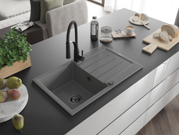 Mexen Bruno Granitspüle 1-Becken mit Abtropffläche und Küchenarmatur Aster, grau - 6513-71-73450-70-B