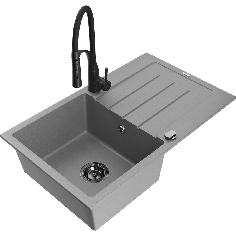 Mexen Bruno Granitspüle 1-Becken mit Abtropffläche und Küchenarmatur Aster, grau - 6513-71-73450-70-B