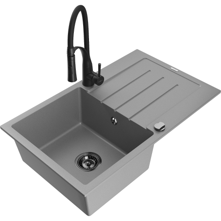 Mexen Bruno Granitspüle 1-Becken mit Abtropffläche und Küchenarmatur Aster, grau - 6513-71-73450-70-B