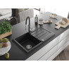Mexen Bruno Granitspüle 1-Becken mit Abtropffläche und Küchenarmatur Aster, schwarz/silber metallic - 6513-73-73450-07