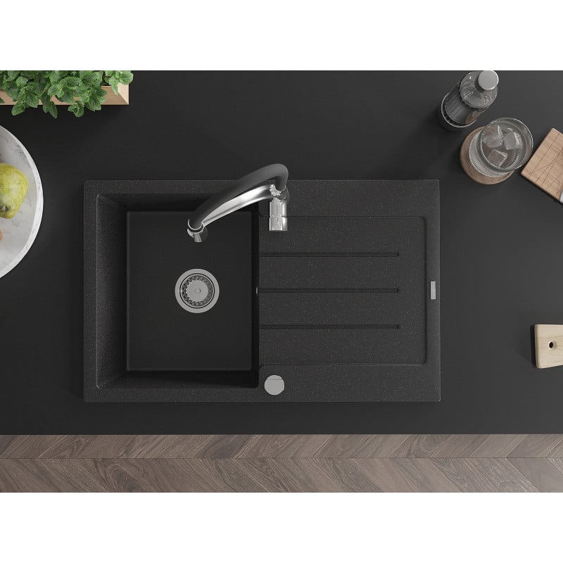 Mexen Bruno Granitspüle 1-Becken mit Abtropffläche und Küchenarmatur Aster, schwarz/silber metallic - 6513-73-73450-07