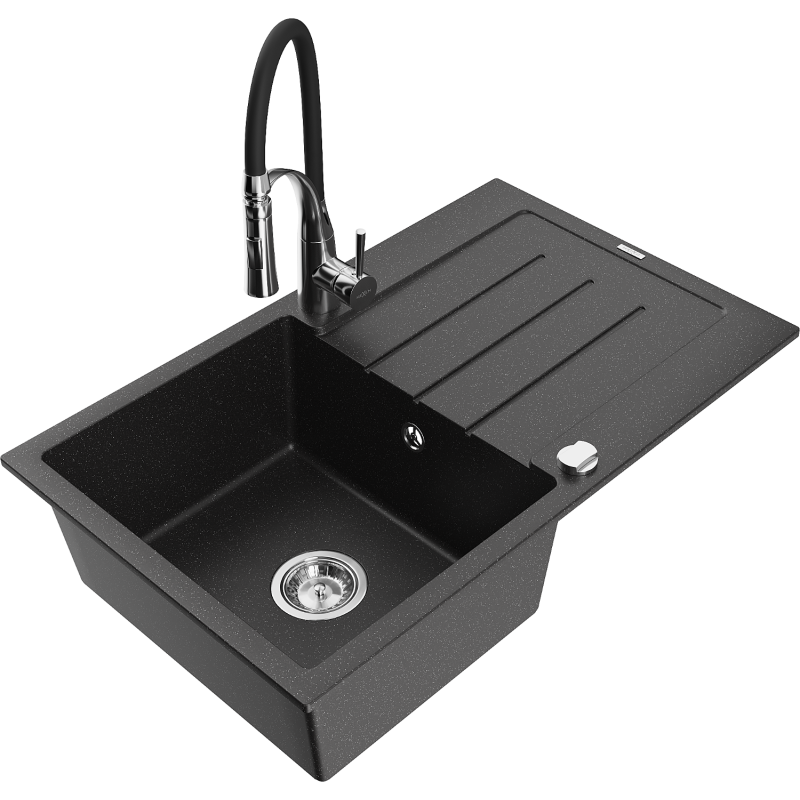 Mexen Bruno Granitspüle 1-Becken mit Abtropffläche und Küchenarmatur Aster, schwarz/silber metallic - 6513-73-73450-07