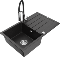 Mexen Bruno Granitspüle 1-Becken mit Abtropffläche und Küchenarmatur Aster, schwarz/silber metallic - 6513-73-73450-07