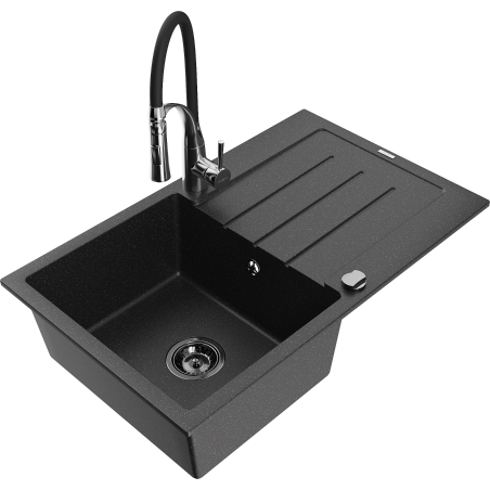 Mexen Bruno Granitspüle mit 1 Becken, Abtropffläche und Küchenarmatur Aster, schwarz/silber metallic - 6513-73-73450-07-B