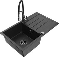 Mexen Bruno Granitspüle mit 1 Becken, Abtropffläche und Küchenarmatur Aster, schwarz/silber metallic - 6513-73-73450-07-B