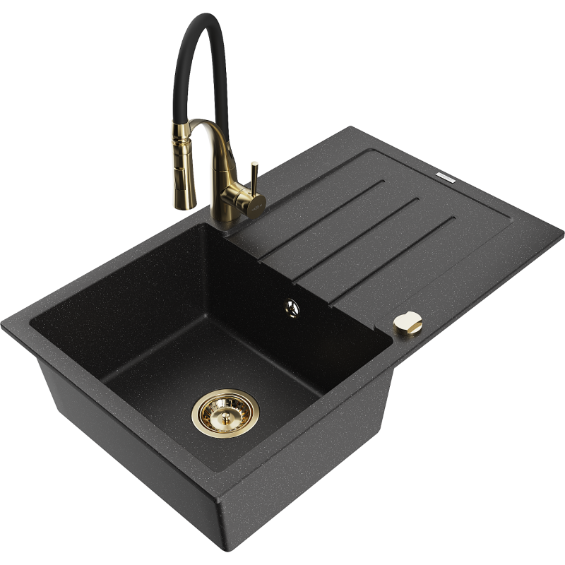 Mexen Bruno Granitspüle 1-Becken mit Abtropffläche und Küchenarmatur Aster, schwarz/silber Metallic - 6513-73-73450-57-G